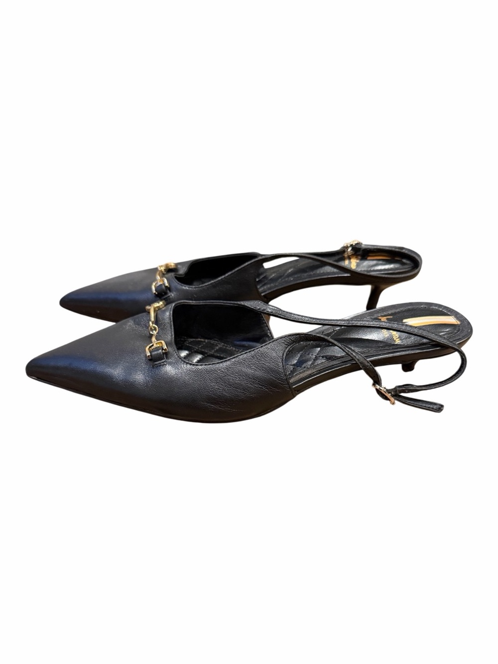 Sam Edelman Black Leather Pointed Slingback Heels with Gold Chain